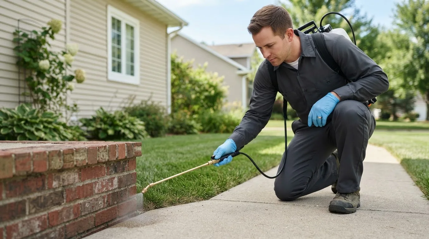 Pest control technician treating a home near Lincoln, IA