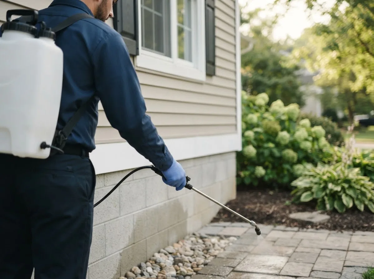 Pest control technician inspecting a home in Lincoln, IA